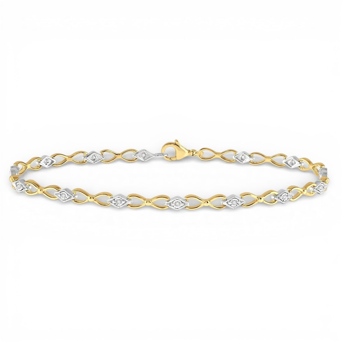 0.10 ctw Illusion Diamond 10K Yellow & White Gold Link Bracelet: An exquisite masterpiece of haute joaillerie, this exquisite Illusion Plate Link bracelet featuring White Diamond is a true treasure. Showcasing the gems in a Illusion arrangement, the bracelet consis
