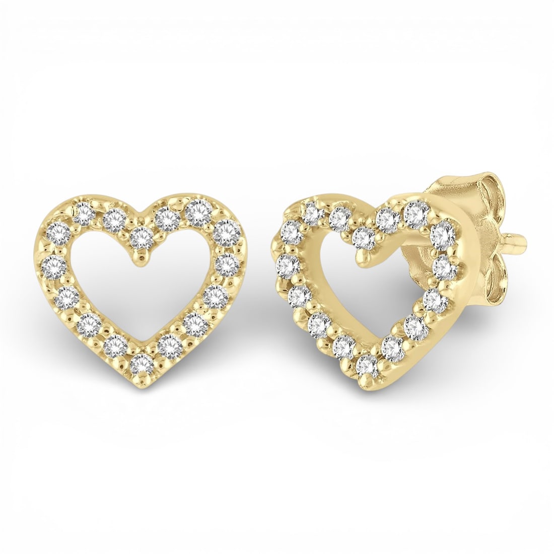 0.10 ctw White Diamond Petite Heart Cutout 10K Yellow Gold Earrings: A vision of luxury, this elegant Heart Cutout pair of earrings featuring White Diamond defines sophistication. Expertly mounted in a Pave Setting setting, the earrings are crafted in 0.6 grams of soli