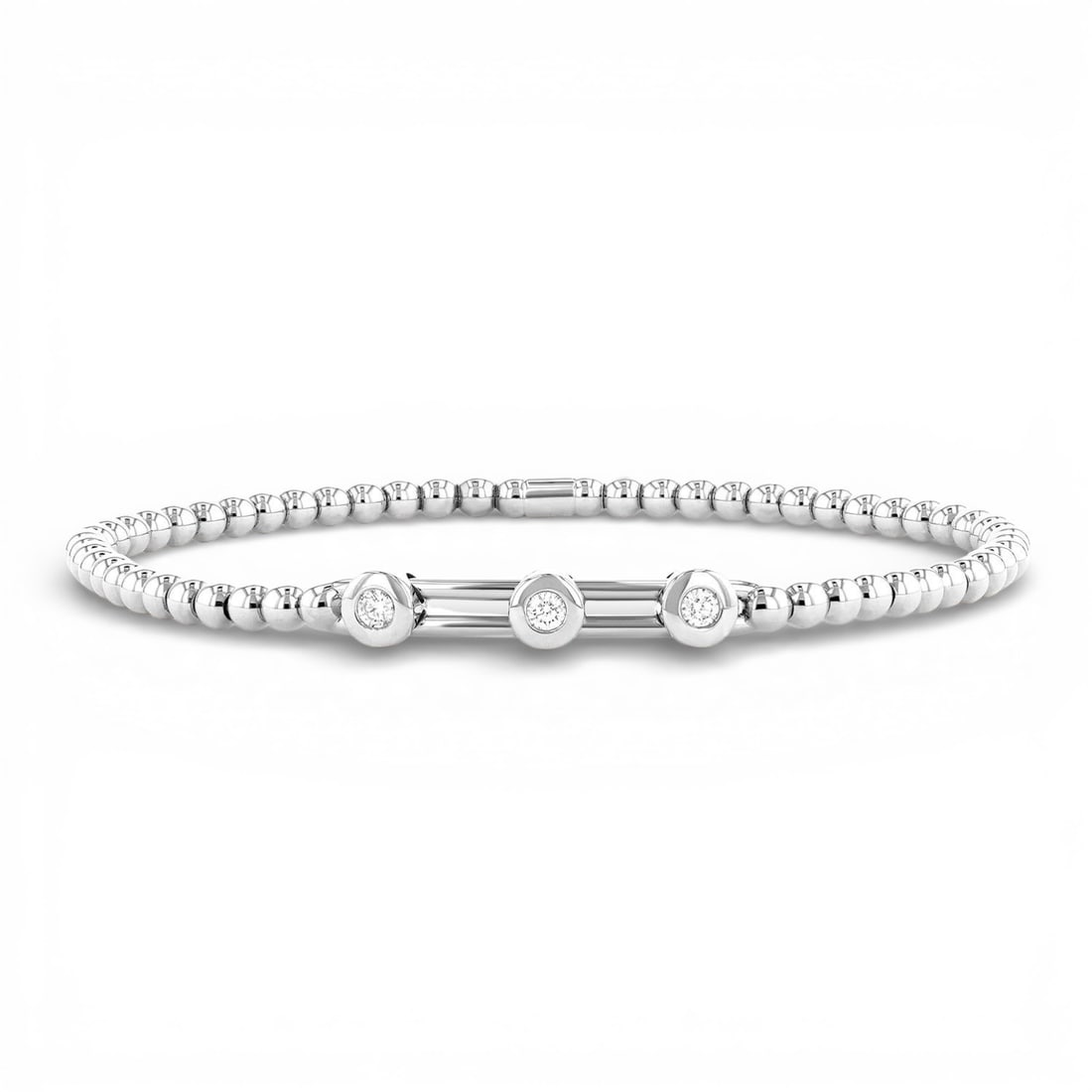 0.27 ctw Round Diamond Bezel-Set Gold Bead Stretch 18K White Gold Bracelet: Exuding opulence and grace, this exquisite Bezel-Set Diamond Bar Stretch bracelet featuring White Diamond is crafted for the distinguished. Crafted with precision, the Bezel setting is seamlessly inte