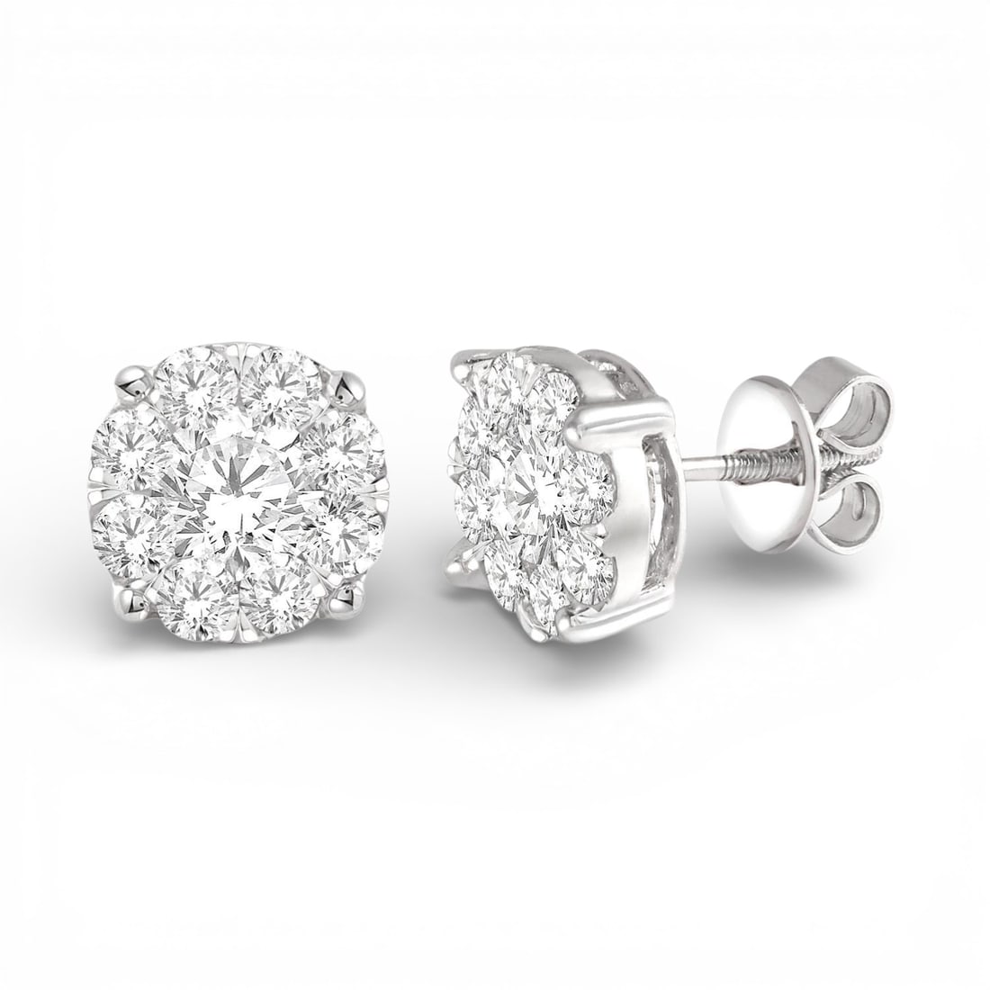 1.52 ctw White Diamond Cluster 14K White Gold Stud Earrings: Captured in a moment of brilliance, this stunning Cluster pair of earrings featuring White Diamond speaks to the connoisseur. Expertly mounted in a Cluster setting, the earrings are crafted in 4.25 gr