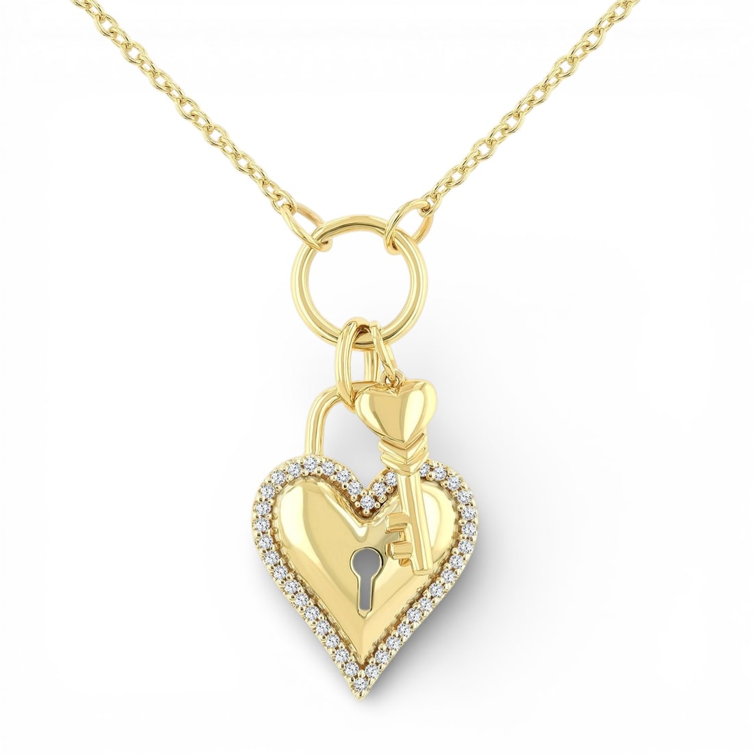 0.16 ctw White Diamond Heart Lock & Key Charm 10K Yellow Gold Pendant: A symphony of light and color, this elegant Heart Lock & Key Charm pendant featuring Natural Diamonds embodies the pinnacle of luxury. The gemstones are nestled within an Accent Border framework, supp