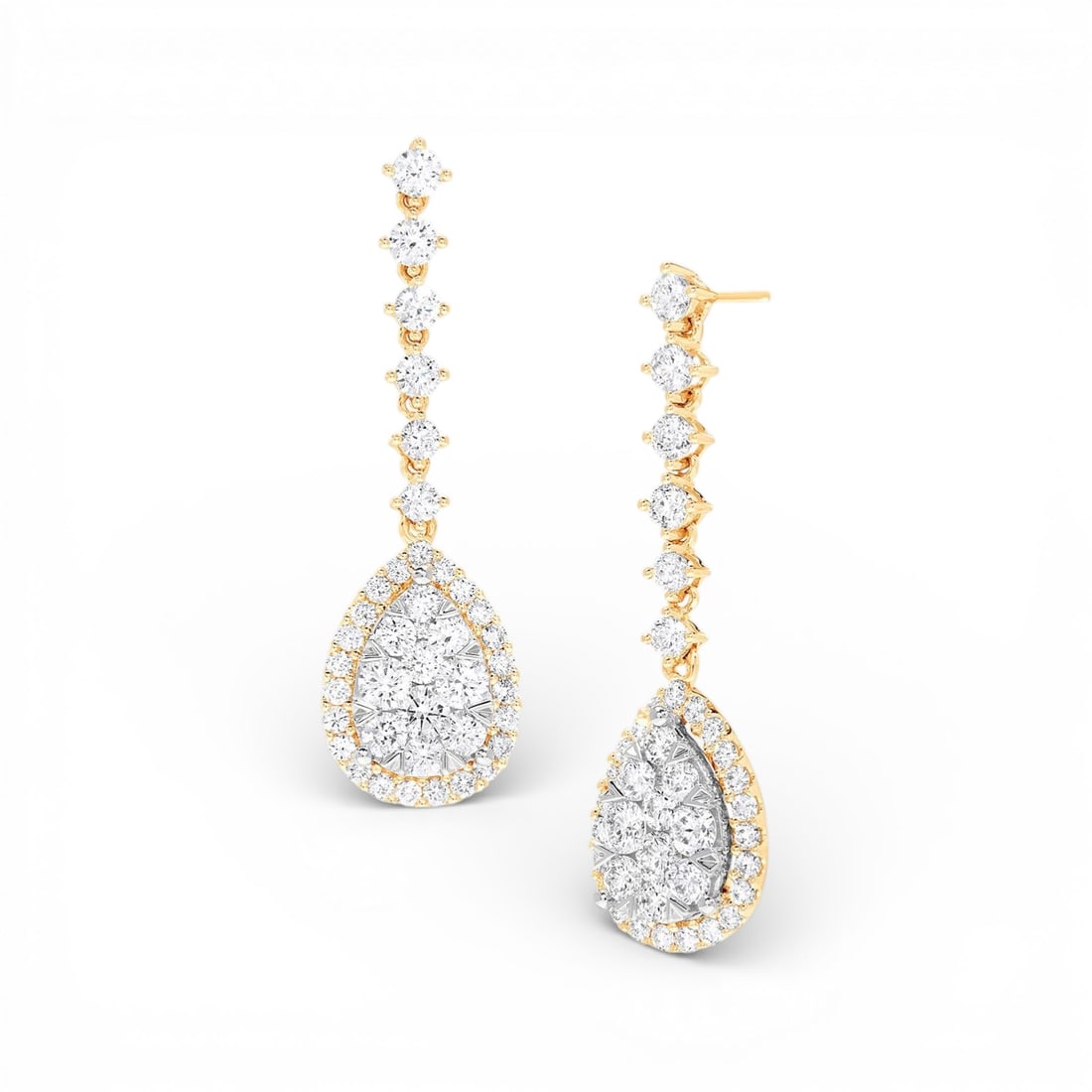 3.91 ctw Fiori Pear Drop Cluster Diamond 18K Yellow & White Gold Earrings: Epitomizing grandeur, this breathtaking Pear Drop Cluster pair of earrings featuring White Diamond stands as a beacon of refined taste. A detailed Drop/Dangle, Cluster Head gallery secures the stones,