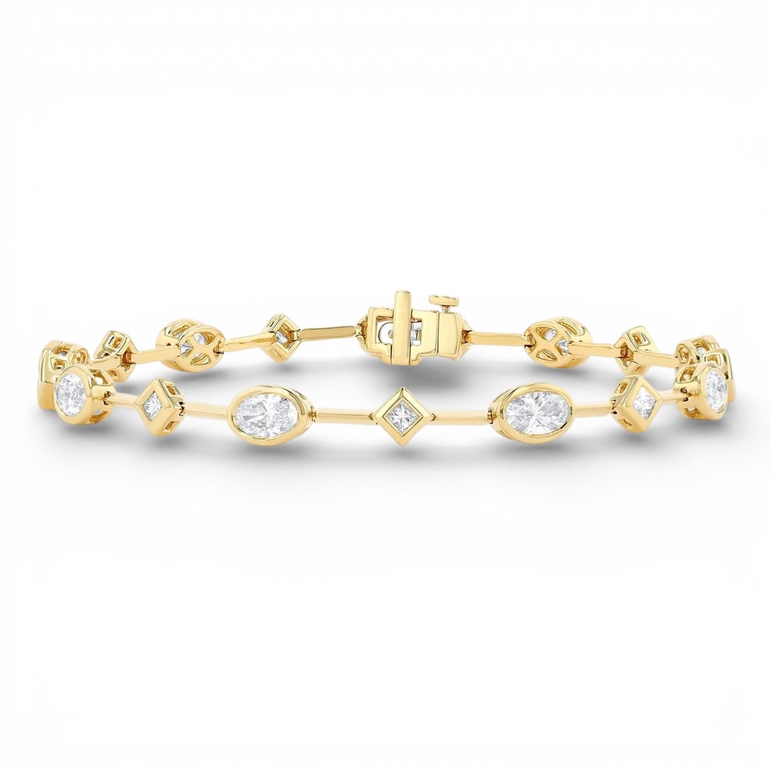 Duchess 3.11 ctw Multishaped Diamond Bar 18K Yellow Gold Bracelet: Timeless and sophisticated, this elegant Multishaped Bar bracelet featuring White Diamond radiates enduring beauty. The gemstones are nestled within a Bezel framework, supported by a substantial 8.95