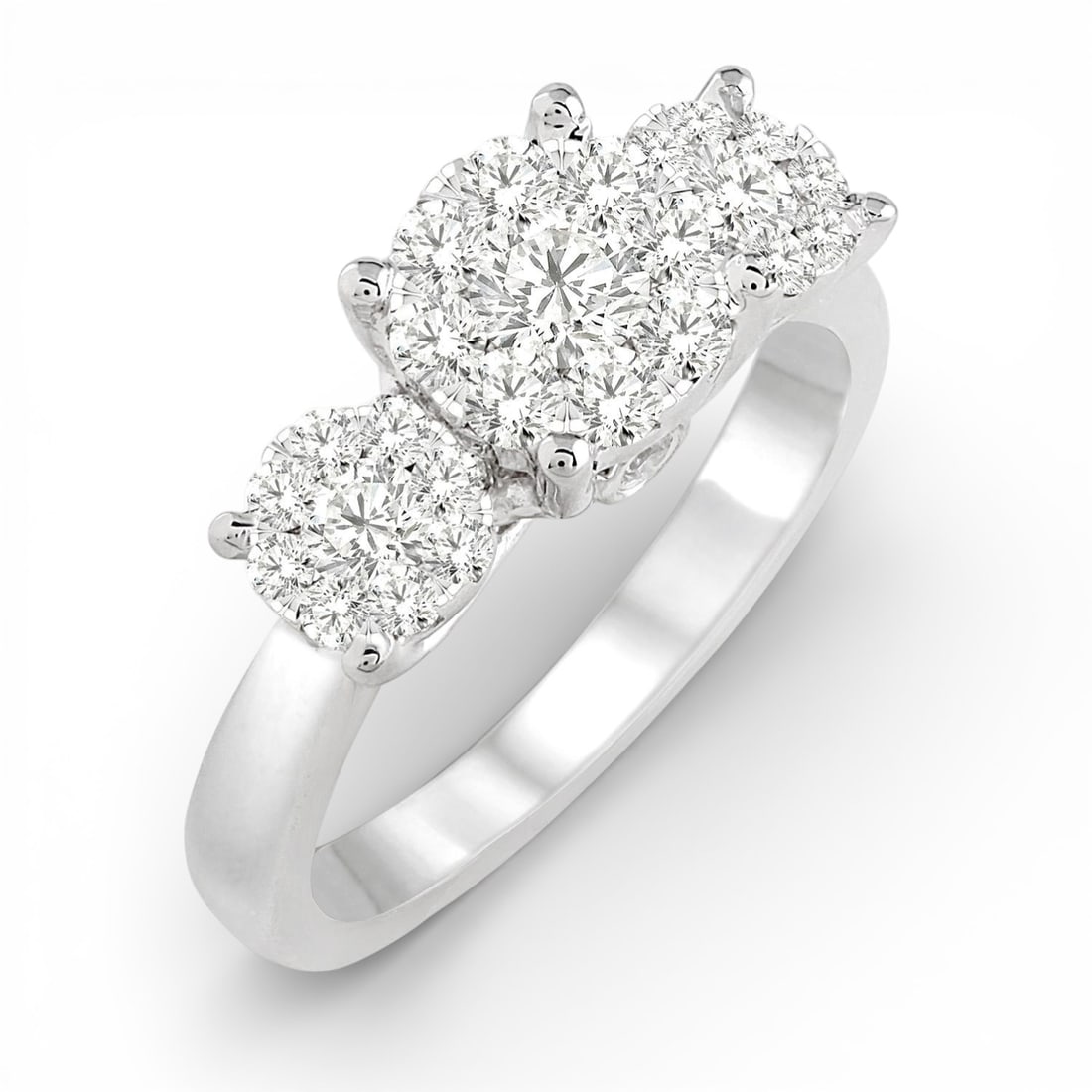 1.03 ctw White Diamond Triple Circle Cluster 14K White Gold Ring: A vision of luxury, this magnificent Triple Circle Cluster ring featuring Natural Diamonds defines sophistication. Securely held in a classic Three-Stone Cluster design, the ring is forged from 4.55 g