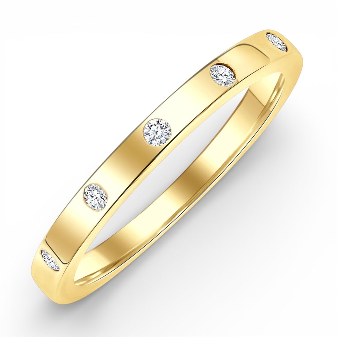 0.25 ctw Flush Set Diamond 14K Yellow Gold Band Ring: Defining modern elegance, this elegant Flush Bezel Set ring featuring Natural Diamonds captures the essence of style. The gemstones are nestled within a Flush Set Band framework, supported by a substa