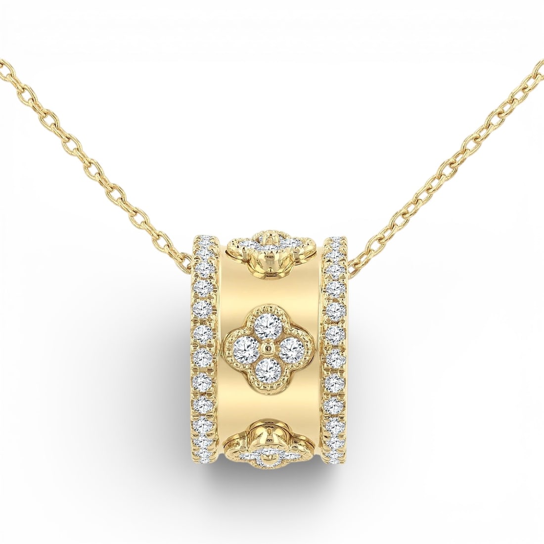 0.51 ctw Diamond Clover Fashion 14K Yellow Gold Pendant: A testament to superior craftsmanship, this breathtaking Clover Fashion pendant featuring Natural Diamonds is unparalleled. Showcasing the gems in a Barrel/Cylinder Slide Pendant arrangement, the pend