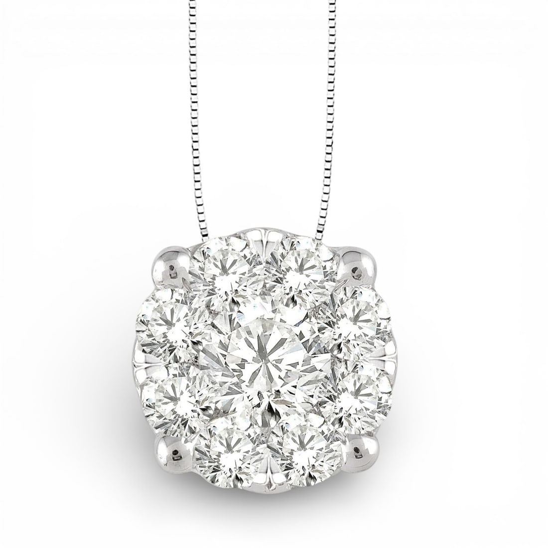 1.04 ctw Diamond Cluster 14K White Gold Pendant: A testament to superior craftsmanship, this elegant Cluster pendant featuring Natural Diamonds is unparalleled. Crafted with precision, the Cluster setting is seamlessly integrated into 1.7 grams of 1