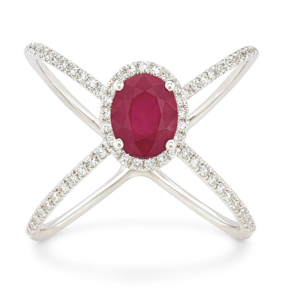 0.38ct Ruby and 0.32ctw Diamond 14K White Gold Ring: Epitomizing grandeur, this elegant X Ring featuring Ruby and White Diamond stands as a beacon of refined taste. Showcasing the gems in a Halo arrangement, the ring consists of 2.29 g of 14K White Gold