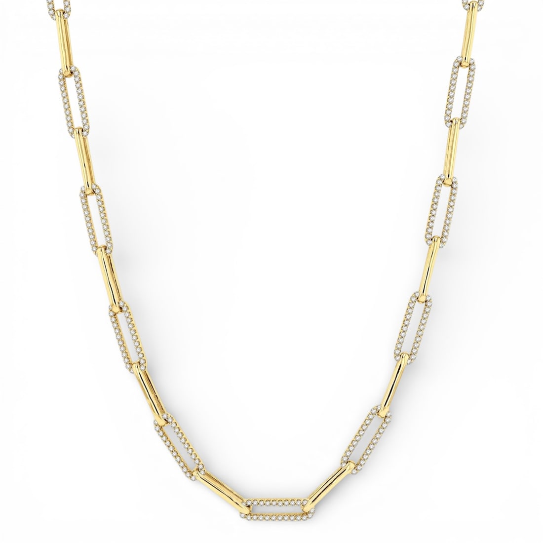 18 inch 2.00 ctw Diamond Paperclip Link 14K Yellow Gold Necklace: Captured in a moment of brilliance, this magnificent Paperclip Link necklace featuring White Diamond speaks to the connoisseur. The gemstones are nestled within a Link Chain framework, supported by a