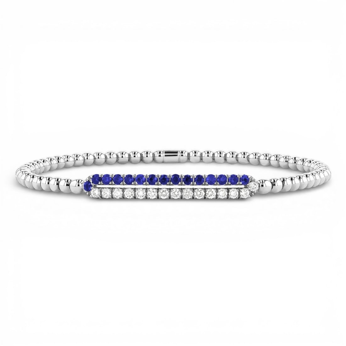 0.45 ctw Diamond & Blue Sapphire 18K White Gold Bracelet: A vision of luxury, this elegant Double Row Bar Stretch bracelet featuring Blue Sapphire, White Diamond defines sophistication. Expertly mounted in a Bar Setting setting, the bracelet is crafted in 6.