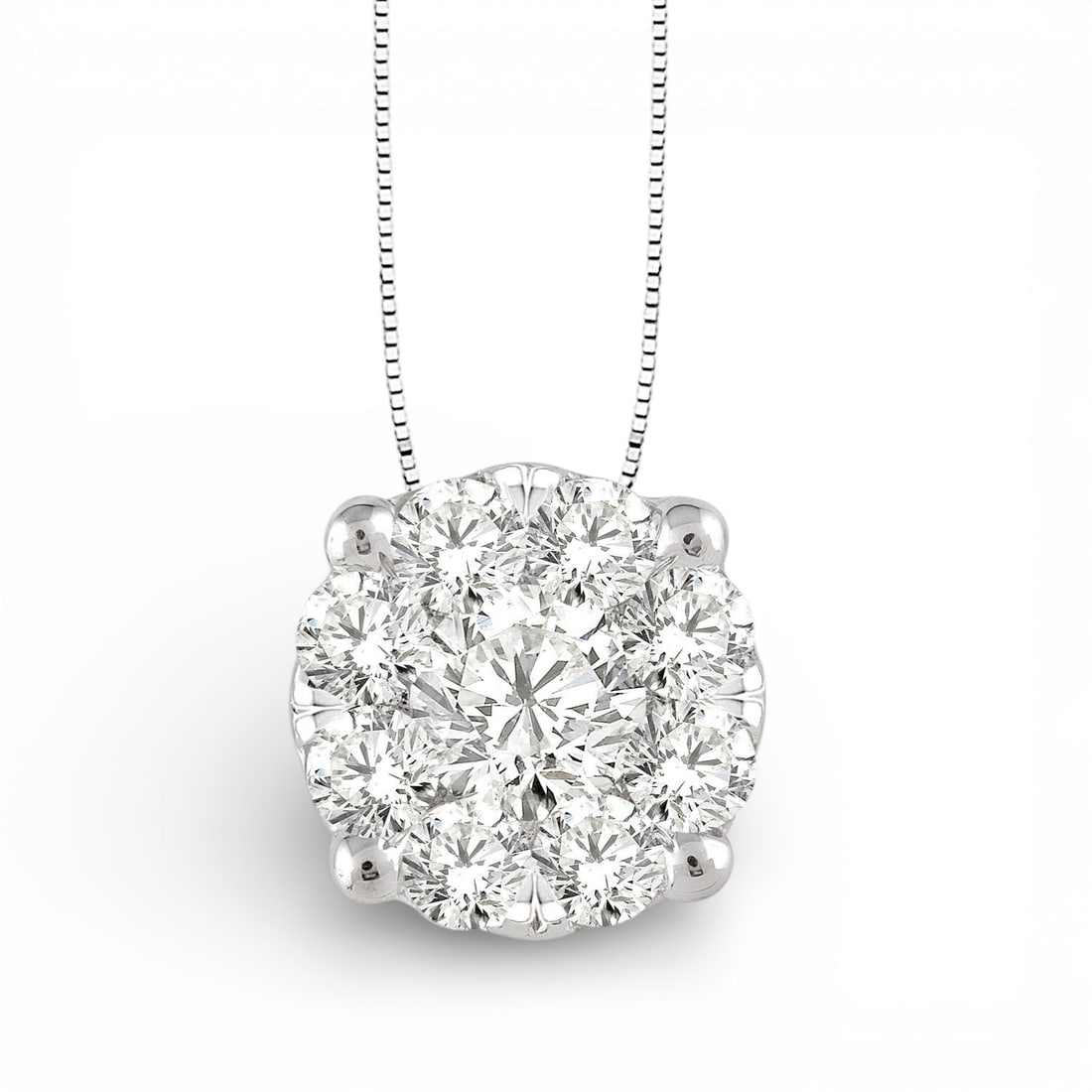0.51 ctw Diamond Cluster Pendant 14K White Gold: Epitomizing grandeur, this elegant Cluster necklace featuring White Diamond stands as a beacon of refined taste. Showcasing the gems in a Cluster arrangement, the necklace consists of 1.25 grams of 14