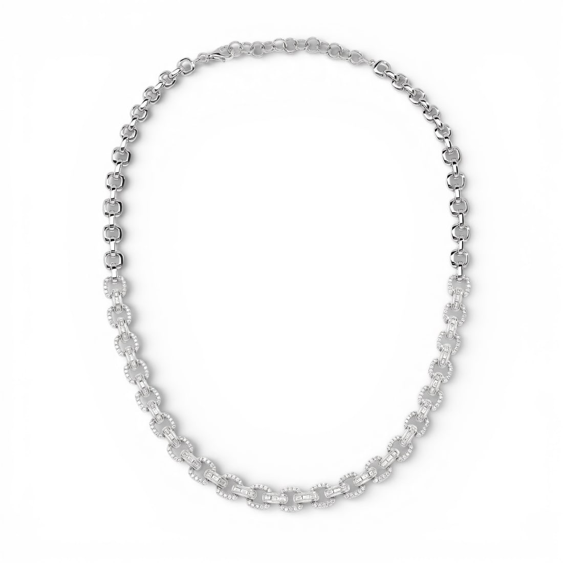 4.08 ctw Baguette Diamond Linq Link 18K White Gold Necklace: Epitomizing grandeur, this magnificent Linq Baguette Link necklace featuring White Diamond stands as a beacon of refined taste. Crafted with precision, the Channel and Pave setting is seamlessly integ