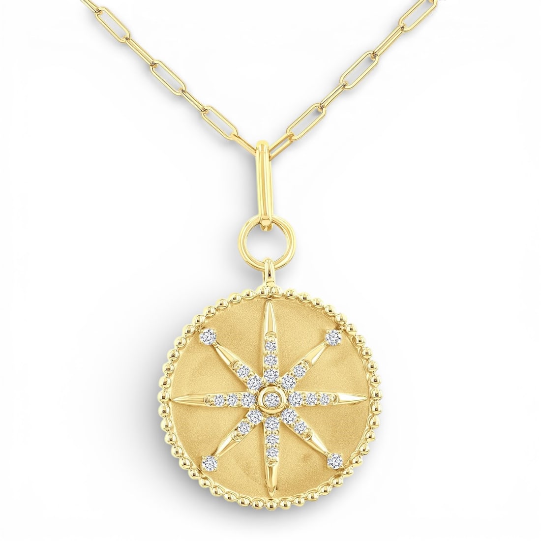 0.26 ctw Diamond Compass Medallion 14K Yellow Gold Pendant Necklace: Defining modern elegance, this exquisite Compass Medallion pendant featuring White Diamond captures the essence of style. Expertly mounted in a Cluster setting, the pendant is crafted in 5.7 grams of