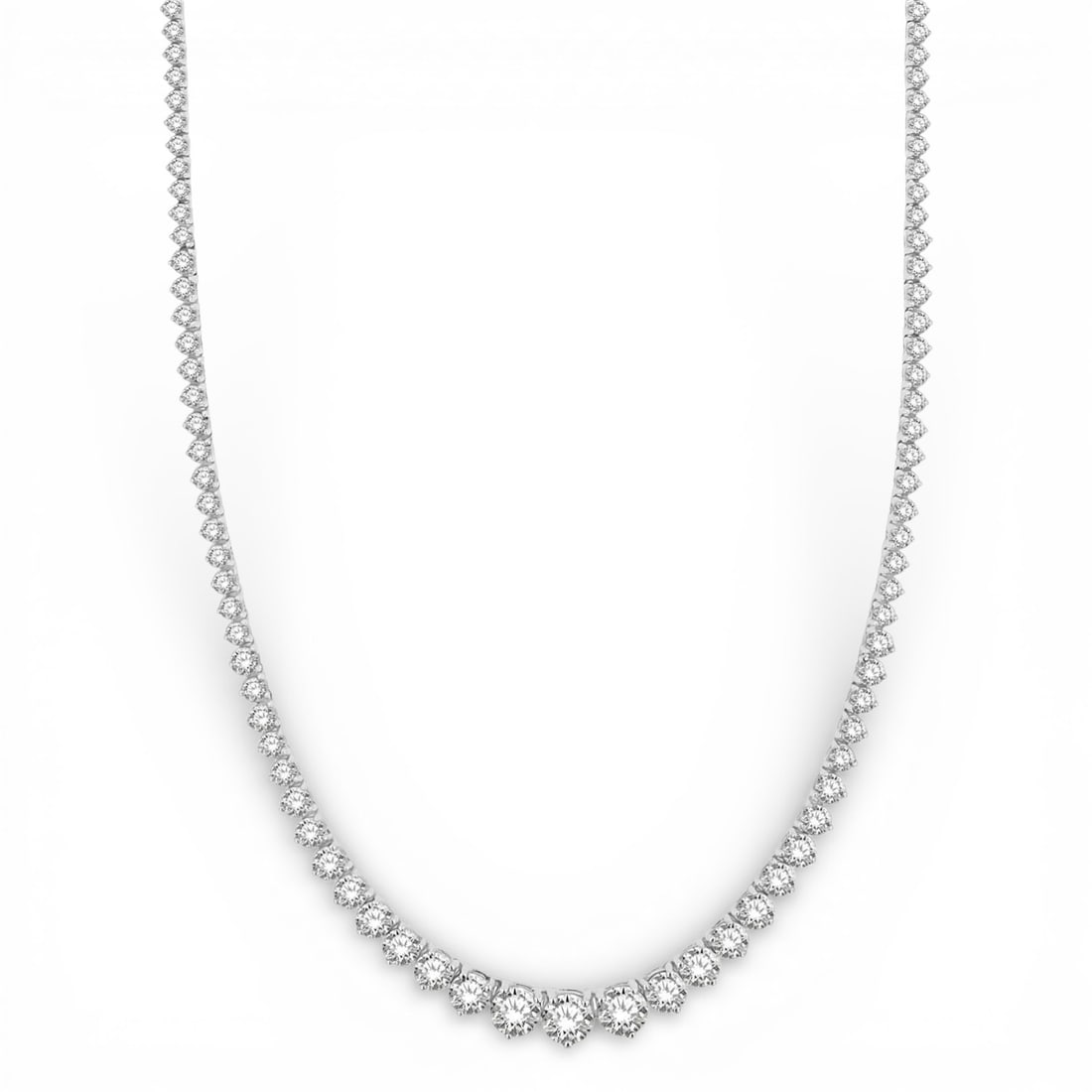 10.0 ctw Round Cut Diamond Riviera 14K White Gold Necklace: A testament to superior craftsmanship, this breathtaking Riviera necklace featuring White Diamond is unparalleled. Showcasing the gems in a Riviera arrangement, the necklace consists of 19.9 grams of