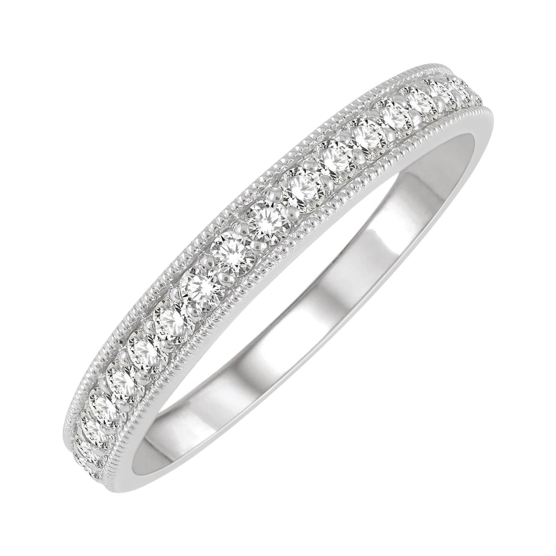 0.35 ctw White Diamond Pave 14K White Gold Band Ring: Rare and radiant, this exquisite Milgrain band ring featuring White Diamond offers a touch of the extraordinary. A detailed Pave gallery secures the stones, rendered in 2.35 grams of lustrous 14K Whit