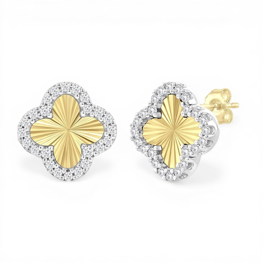 0.20 ctw Diamond Fluted Clover 14K Yellow and White Gold Stud Earrings: Epitomizing grandeur, this elegant Fluted Clover pair of earrings featuring White Diamond stands as a beacon of refined taste. A detailed Halo gallery secures the stones, rendered in 2.3 grams of lust