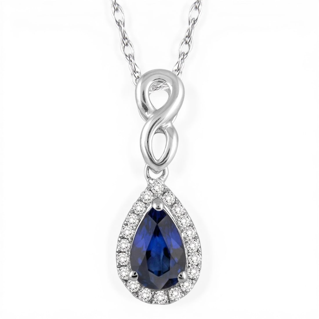 6x4 mm Pear Blue Sapphire and 0.09 ctw Diamond 10K White Gold Pendant: Epitomizing grandeur, this breathtaking Halo necklace featuring Blue Sapphire, White Diamond stands as a beacon of refined taste. Showcasing the gems in a Halo arrangement, the necklace consists of 0.