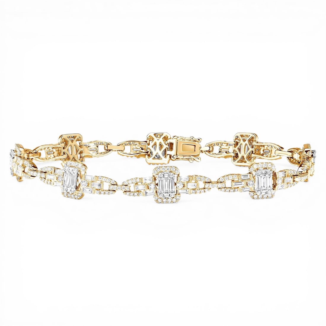 3.9 ctw Baguette & Round Diamond 18K Yellow & White Gold Link Bracelet: A testament to superior craftsmanship, this breathtaking Baguette Link bracelet featuring White Diamond is unparalleled. A detailed Cluster/Halo gallery secures the stones, rendered in 14.9 grams of l