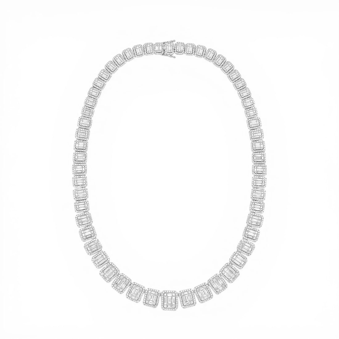 Empress 23.84 ctw Diamond Baguette and Round 18K White Gold Riviera Necklace: A testament to superior craftsmanship, this breathtaking Riviera necklace featuring Natural White Diamonds is unparalleled. Showcasing the gems in a Halo arrangement, the necklace consists of 78.2 gra