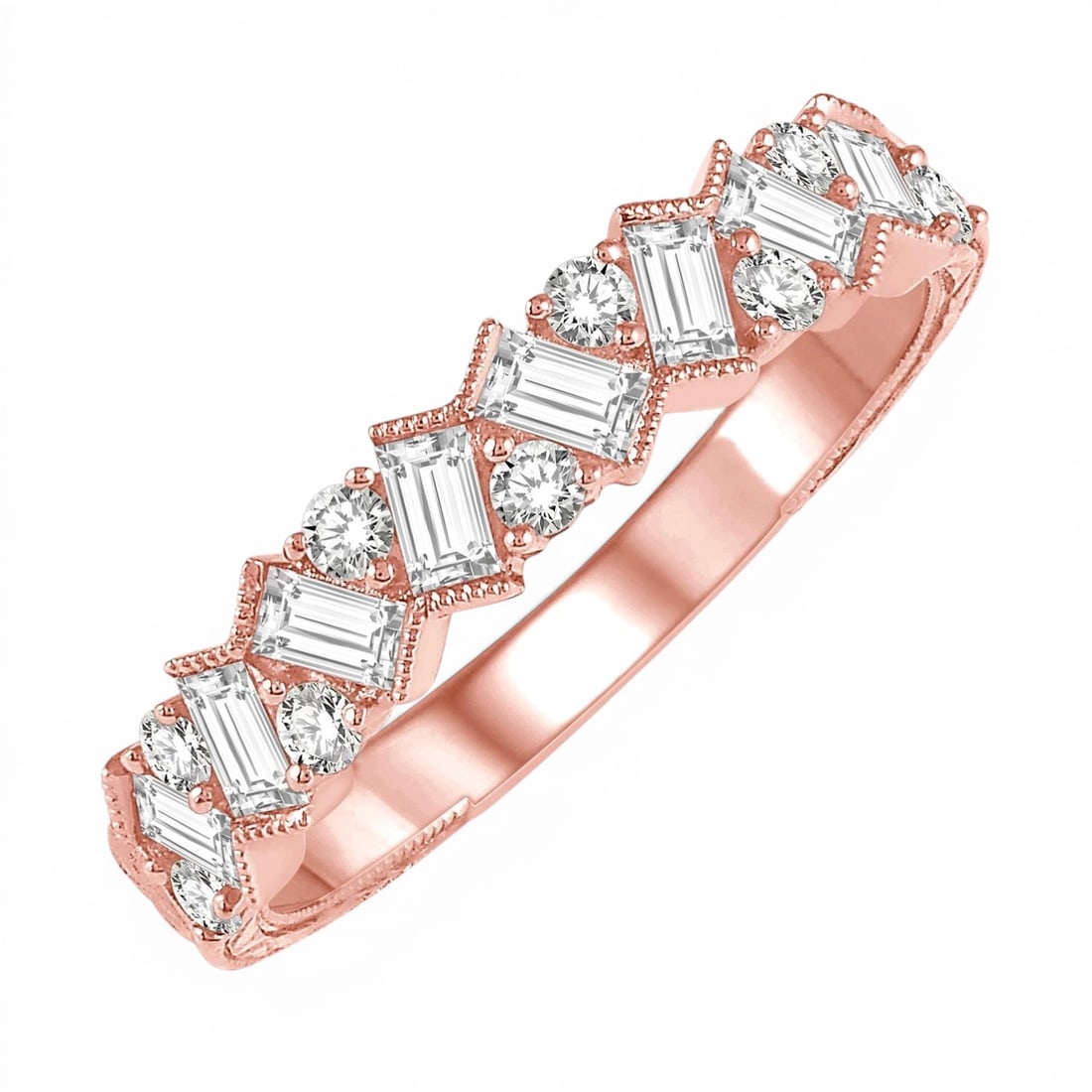 0.67 ctw Baguette and Round Diamond 14K Rose Gold Band Ring: A symphony of light and color, this exquisite Zigzag ring featuring White Diamond embodies the pinnacle of luxury. Expertly mounted in a Band setting, the ring is crafted in 2.7 g of solid 14K Rose Go