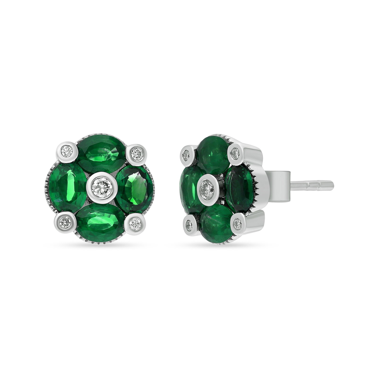 1.45ctw Emerald and 0.08ct Diamond 18K Yellow Gold Studs: A symphony of light and color, this breathtaking Clover pair of earrings featuring Emerald, White Diamond embodies the pinnacle of luxury. Securely held in a classic Cluster design, the earrings are f