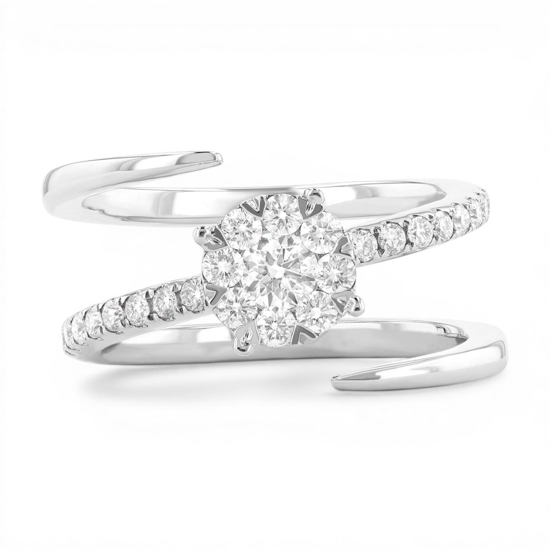 0.68 ctw Fiori Wrap Diamond 18K White Gold Ring: Rare and radiant, this elegant Wrap ring featuring White Diamond offers a touch of the extraordinary. Crafted with precision, the Bypass setting is seamlessly integrated into 6.35 grams of 18K White G