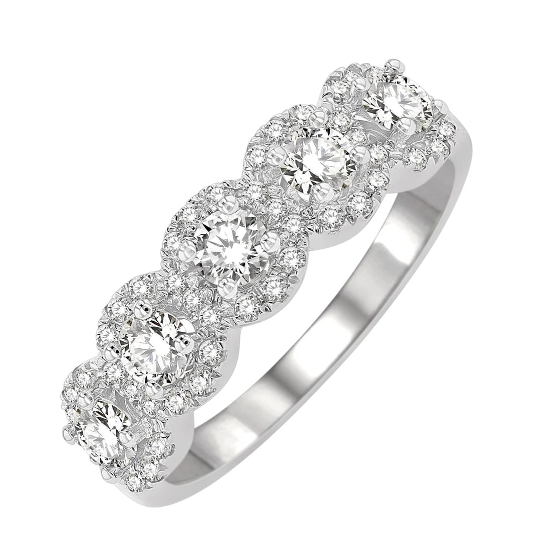 1.02 ctw Circular Halo Diamond 14K White Gold Wedding Band: Timeless and sophisticated, this elegant Halo ring featuring White Diamond radiates enduring beauty. Expertly mounted in a Halo setting, the ring is crafted in 4.45 grams of solid 14K White Gold. This