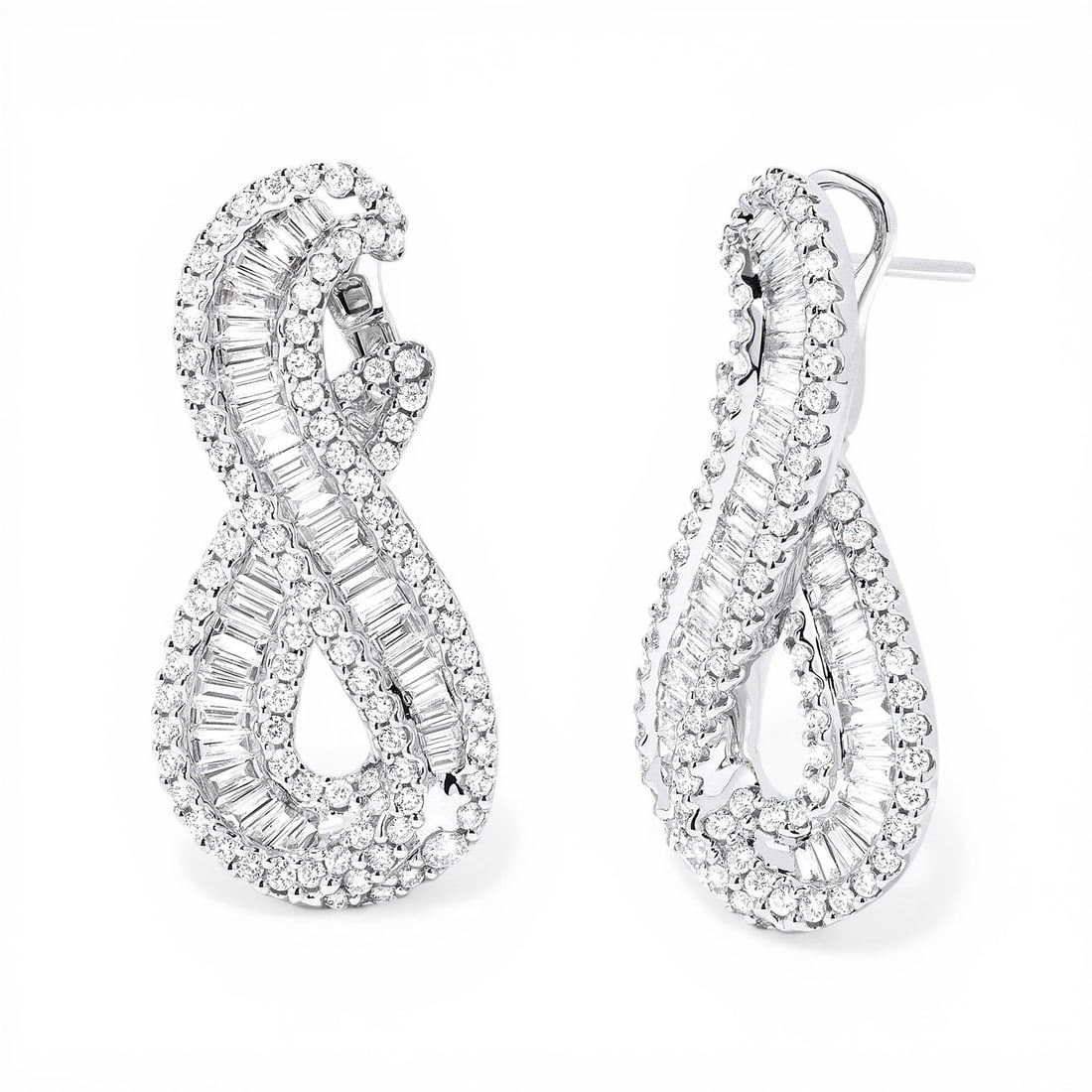 2.9 ctw Infinity Baguette & Round Diamond 18K White Gold Earrings: A symphony of light and color, this breathtaking Infinity pair of earrings featuring White Diamond embodies the pinnacle of luxury. Expertly mounted in a Cluster setting, the earrings are crafted in 7