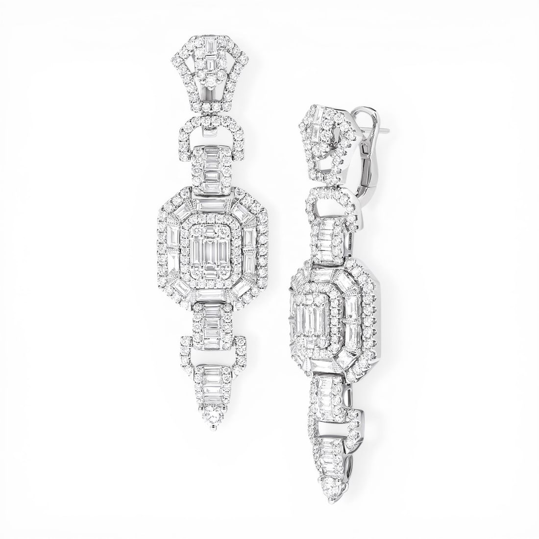 Empress Vintage 5.33 ctw Baguette Diamond 18K White Gold Earrings: Rare and radiant, this breathtaking Architectural pair of earrings featuring White Diamond offers a touch of the extraordinary. Crafted with precision, the Cluster setting is seamlessly integrated int