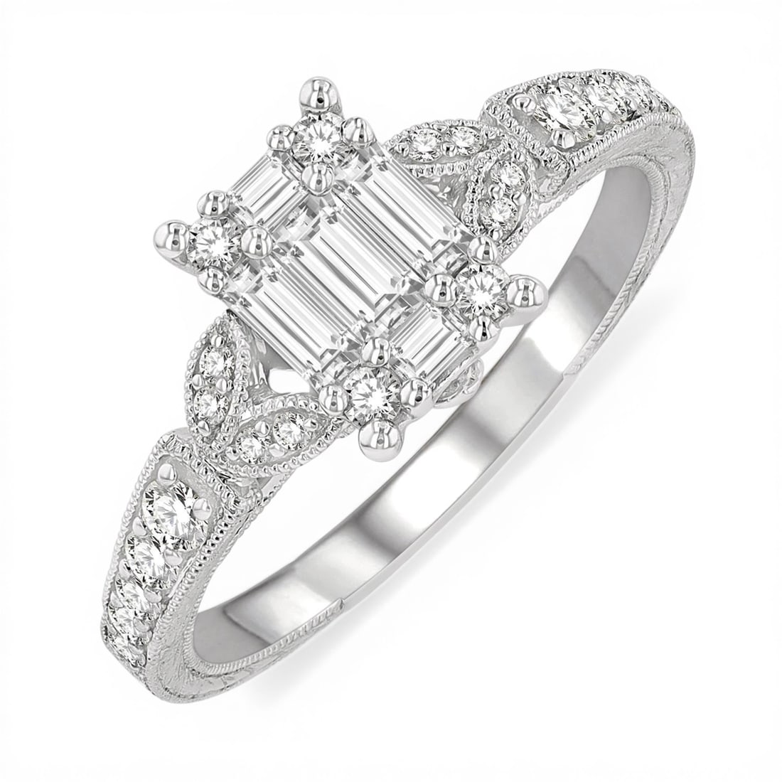 0.58 ctw Diamond Carved Shank Fusion 14K White Gold Ring: Exuding opulence and grace, this elegant Carved Shank Fusion ring featuring White Diamond is crafted for the distinguished. Showcasing the gems in a Cluster arrangement, the ring consists of 2.9 grams