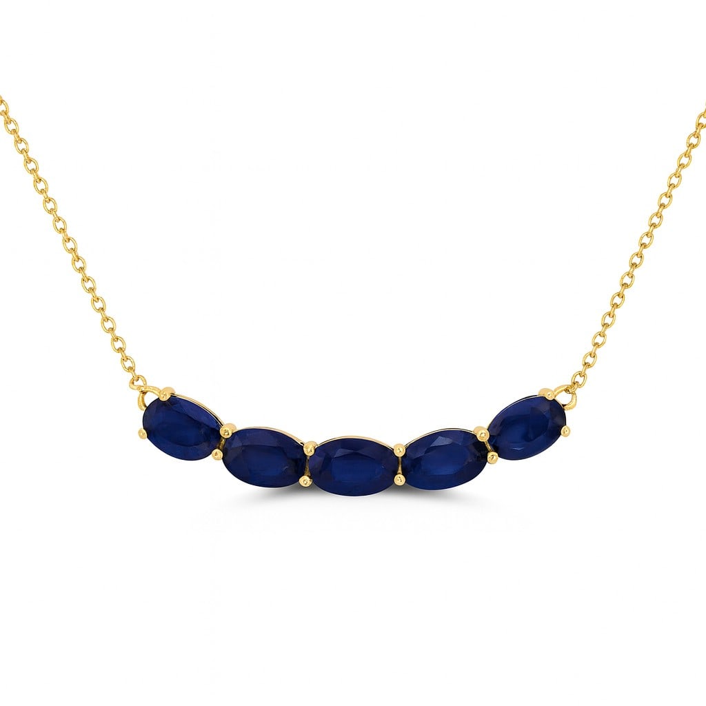 2.82ctw Oval Sapphire Curved Bar 14K Yellow Gold Pendant: Rare and radiant, this breathtaking Curved Bar necklace featuring Blue Sapphire offers a touch of the extraordinary. Crafted with precision, the Curved Bar setting is seamlessly integrated into 2.93 g