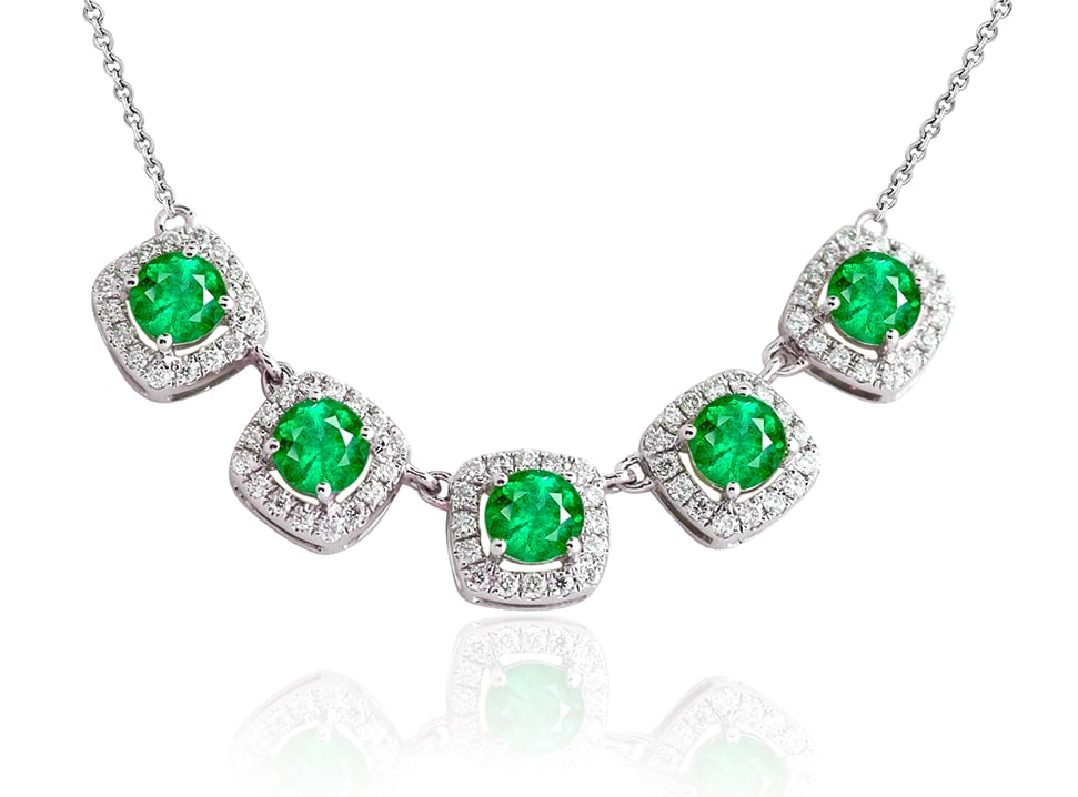 1.21ct Emerald and 0.33ctw Diamond 14K White Gold Mini Necklace: Captured in a moment of brilliance, this stunning Halo Mini Necklace featuring Emerald, White Diamond speaks to the connoisseur. Expertly mounted in a Halo setting, the necklace is crafted in 3.91 gra