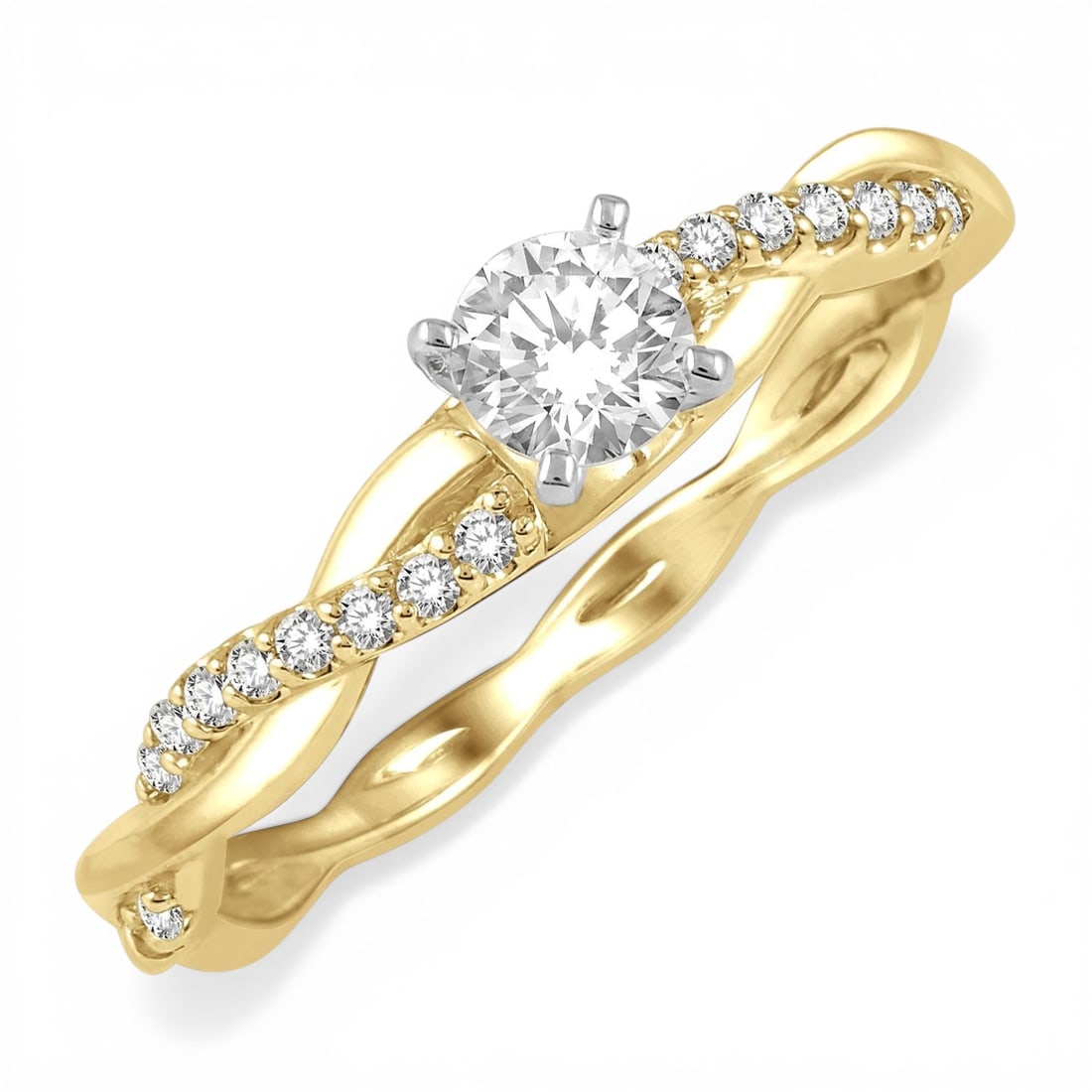 0.36 ctw Diamond Twisted Shank 14K Yellow & White Gold Engagement Ring: A testament to superior craftsmanship, this exquisite Twisted Shank ring featuring Colorless Diamonds is unparalleled. Crafted with precision, the Twisted Shank Solitaire setting is seamlessly integra