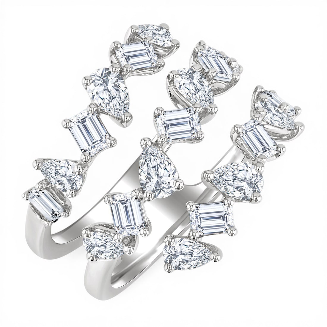 2.37 ctw Mixed Pear and Emerald Cut Diamond 14K White Gold Ring: Defining modern elegance, this breathtaking Fashion Wrap ring featuring White Diamond captures the essence of style. Securely held in a classic Wrap/Open Shank design, the ring is forged from 5.35 gra