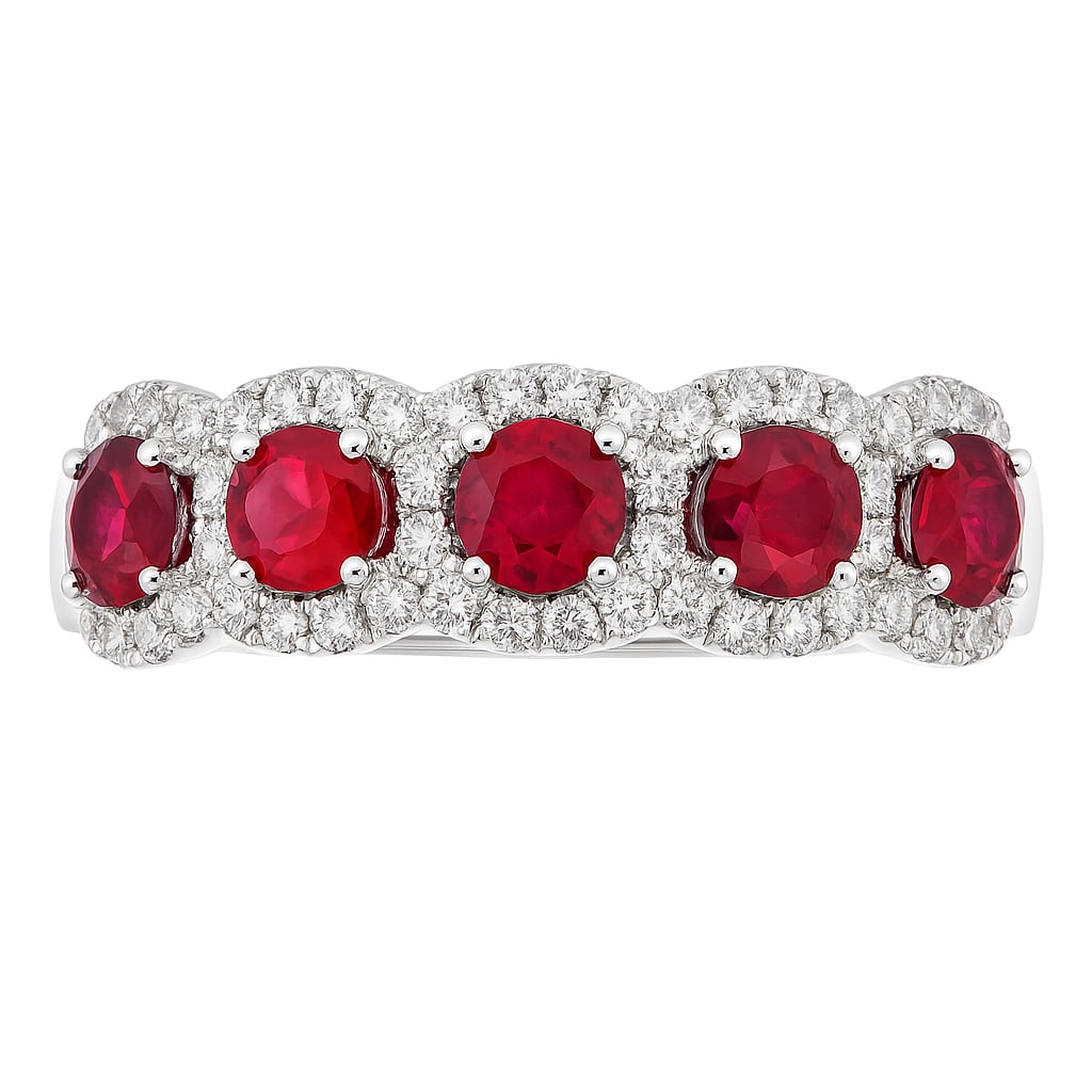 14K White Gold Band Ring with Ruby and Diamond Accents: A testament to superior craftsmanship, this magnificent band ring featuring Ruby is unparalleled. A detailed setting secures the stones, rendered in lustrous 14K White Gold with Rhodium. This band rin