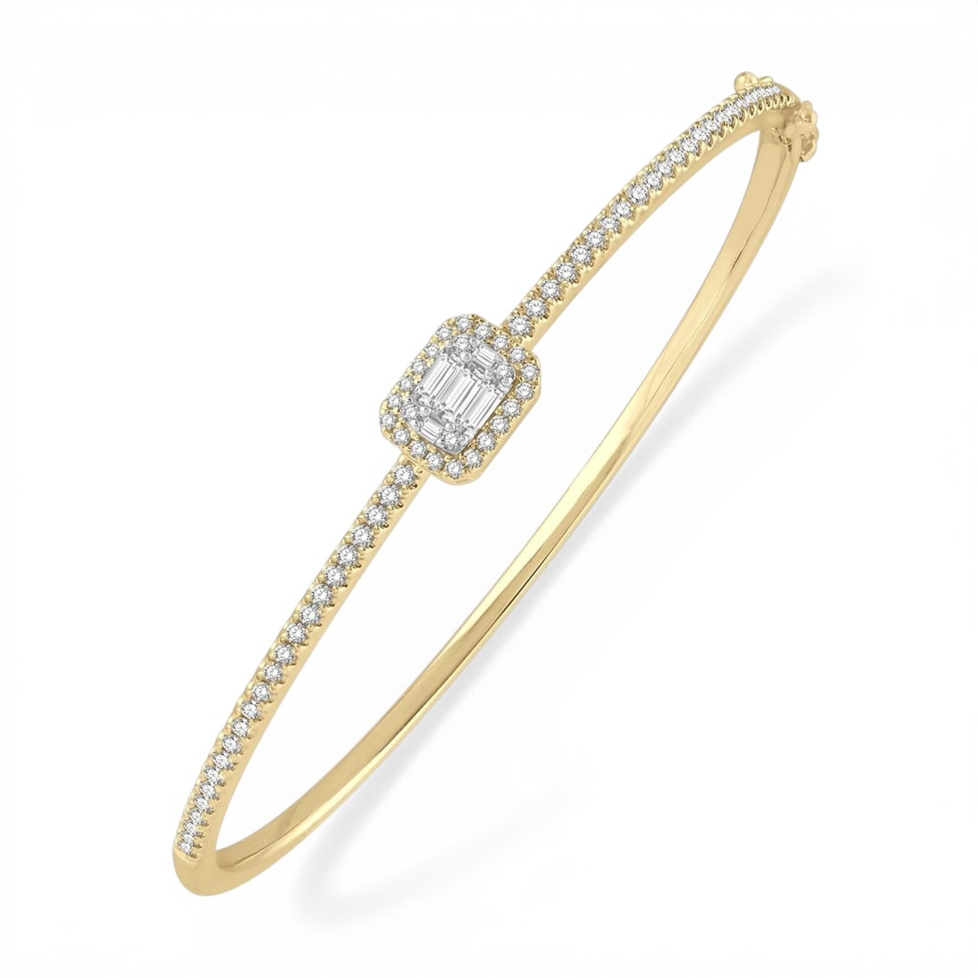 0.95 ctw Baguette and Round Cut Diamond 14K Yellow and White Gold Bangle: A testament to superior craftsmanship, this breathtaking Fusion bangle featuring Natural Diamonds is unparalleled. A detailed Halo gallery secures the stones, rendered in 10.7 grams of lustrous 14K Ye