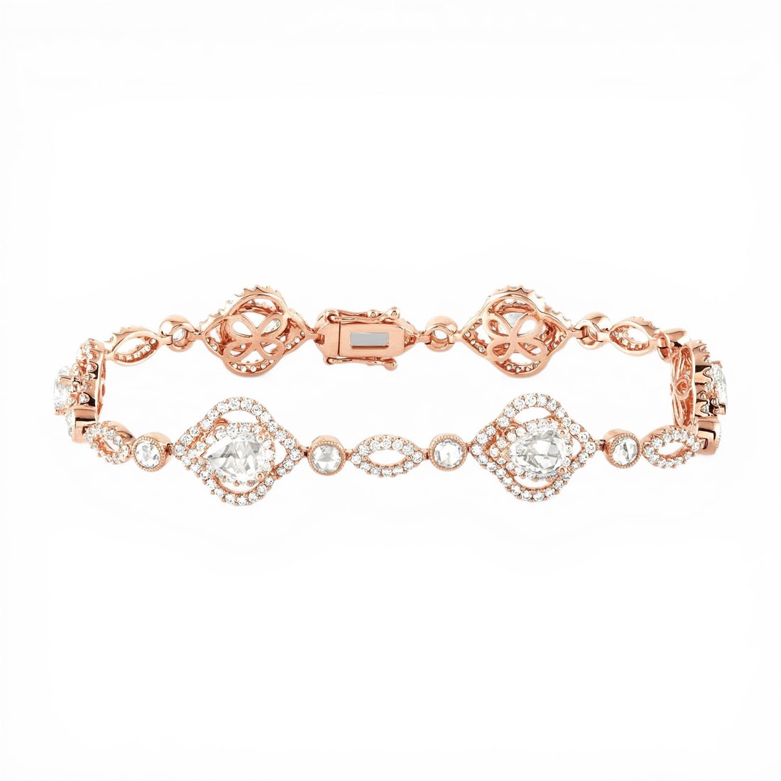 5.83 ctw Diamond Floral 18K Rose Gold Bracelet: Captured in a moment of brilliance, this breathtaking Floral bracelet featuring White Diamond speaks to the connoisseur. Securely held in a classic Halo design, the bracelet is forged from 12.85 grams