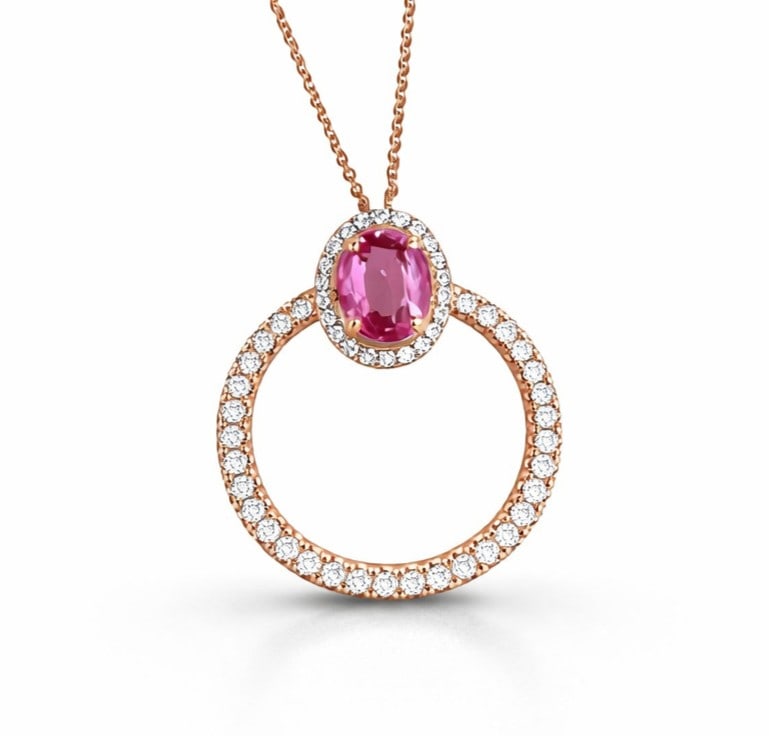 1.13ct Pink Sapphire 0.44ctw Diamond Halo 14K Rose Gold Pendant: A testament to superior craftsmanship, this exquisite Halo pendant featuring Pink Sapphire, White Diamond is unparalleled. A detailed Halo gallery secures the stones, rendered in lustrous 14K Rose Gol