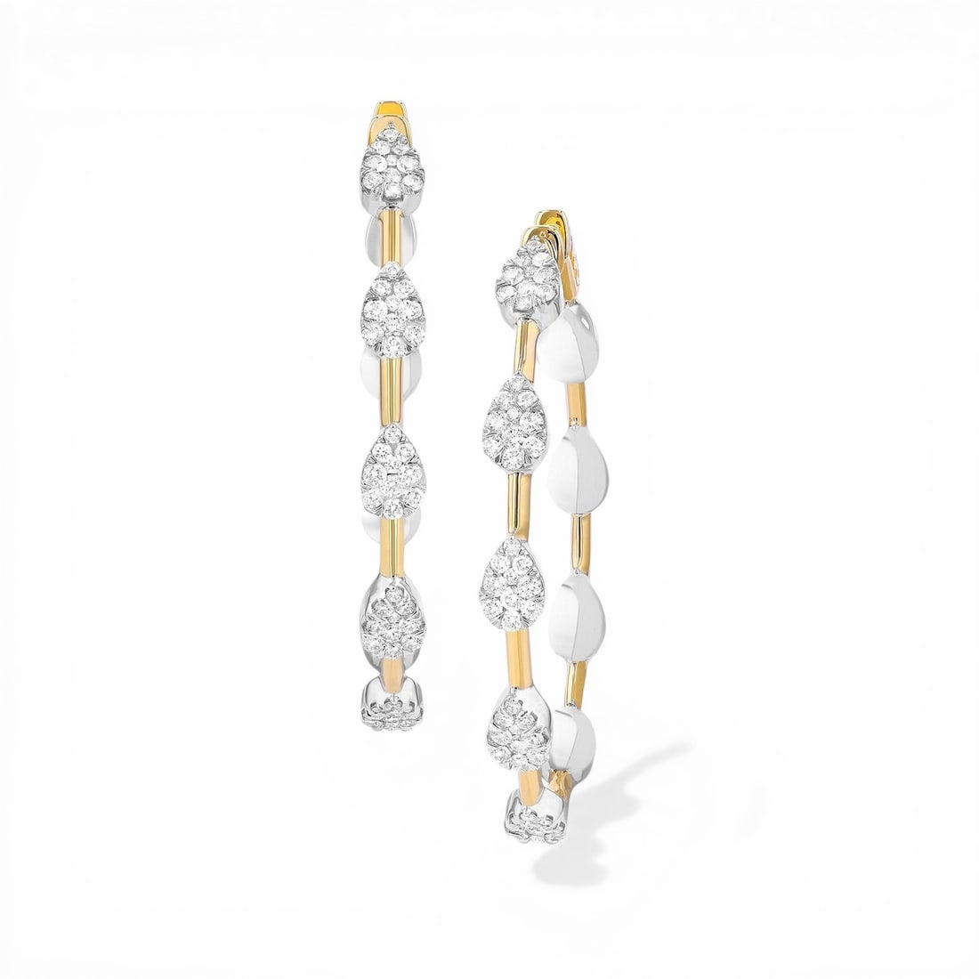 1.82 ctw Diamond Fiori Pear Bar Hoop Cluster 18K Yellow & White Gold Earrings: Rare and radiant, this breathtaking Fiori Pear Bar Hoop Cluster pair of earrings featuring Natural Diamonds offers a touch of the extraordinary. A detailed Cluster gallery secures the stones, rendered