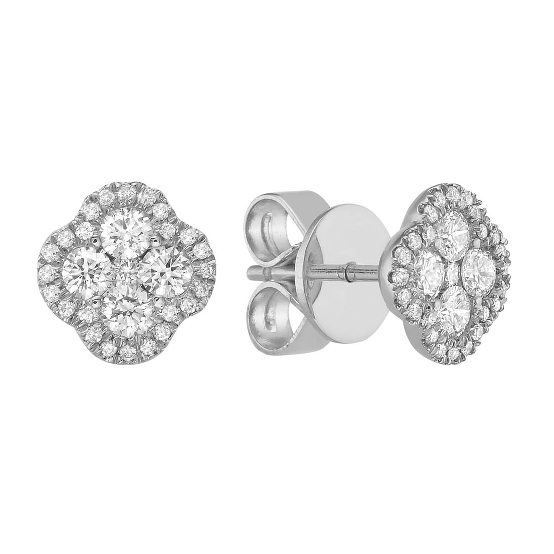 14K White Gold Diamond Stud Earrings 0.78 CTW: Elegant and refined, these exquisite stud earrings feature a cluster of round-cut diamonds, exuding a captivating brilliance. Each diamond is meticulously set in a secure prong design, crafted from lu