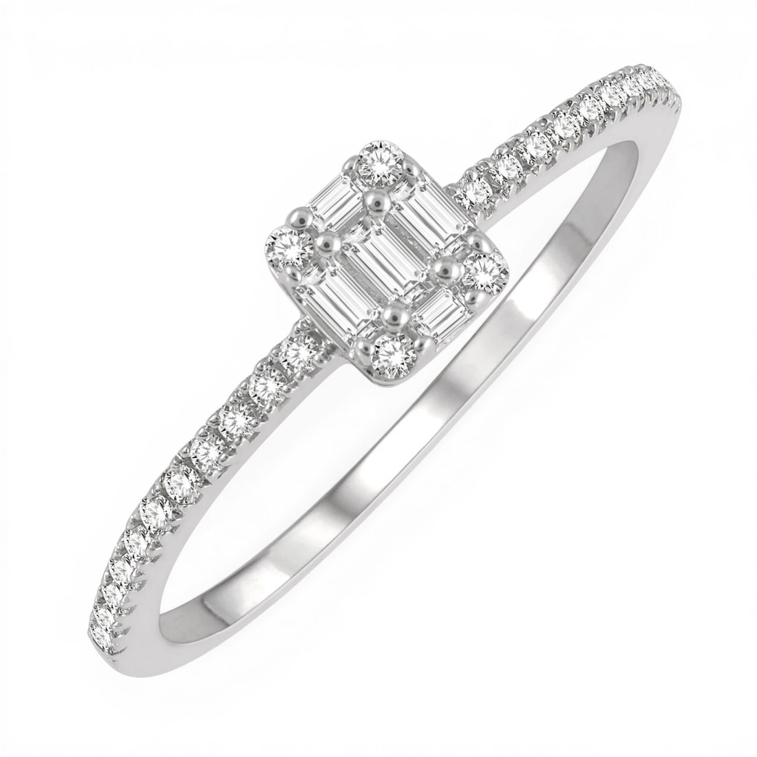 0.26 ctw Baguette and Round Diamond Cushion Shape 10K White Gold Ring: Captured in a moment of brilliance, this magnificent Cushion Shape ring featuring White Diamond speaks to the connoisseur. Expertly mounted in a Cluster setting, the ring is crafted in 1.35 grams of s