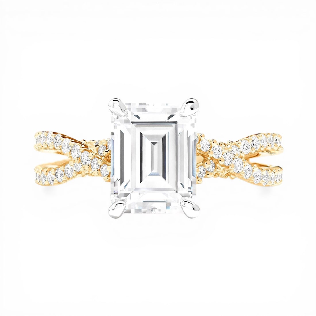 0.69 ctw Diamond Bypass Emerald Cut 18K Yellow & White Gold Engagement Ring: Rare and radiant, this breathtaking Bypass ring featuring Natural Diamonds offers a touch of the extraordinary. Showcasing the gems in a Bypass arrangement, the ring consists of 4.4 grams of 18K Yello