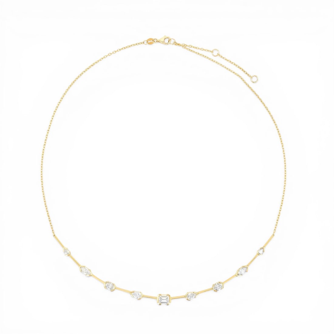 2.68 ctw Multishape Diamond Bar 18K Yellow Gold Necklace: Timeless and sophisticated, this breathtaking Bar necklace featuring Natural Diamonds radiates enduring beauty. Securely held in a classic Bar design, the necklace is forged from 6.3 grams of high-pol