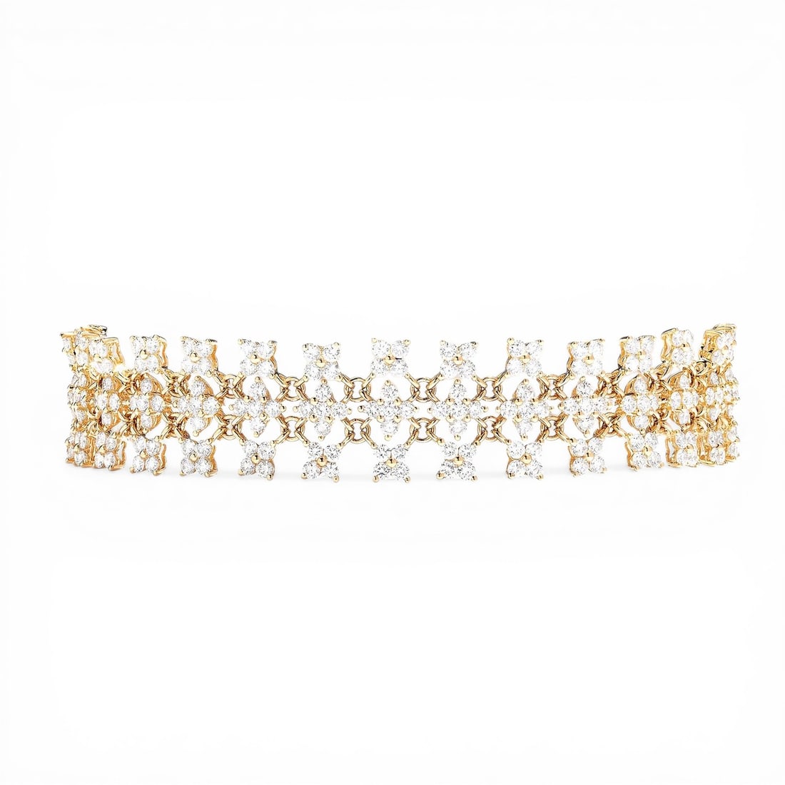 7.54 ctw White Diamond 18K Yellow Gold Silk Floral Bracelet: An exquisite masterpiece of haute joaillerie, this magnificent Floral bracelet featuring White Diamond is a true treasure. Crafted with precision, the Cluster setting is seamlessly integrated into 15.