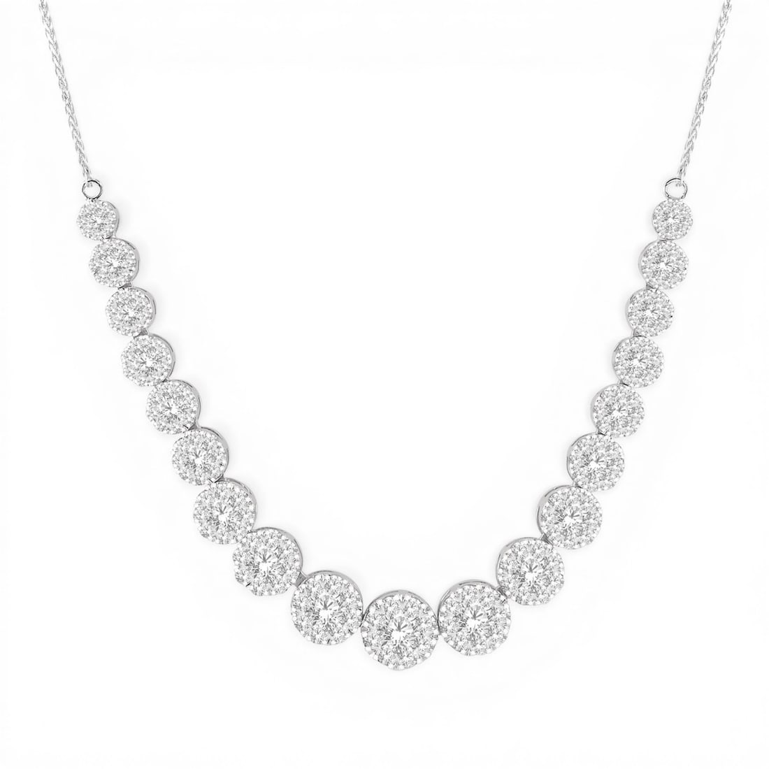 4.07 ctw Round Cut Diamond Cluster 14K White Gold Necklace: A vision of luxury, this breathtaking Cluster necklace featuring Natural Diamonds defines sophistication. The gemstones are nestled within a Graduated Cluster Necklace framework, supported by a substa