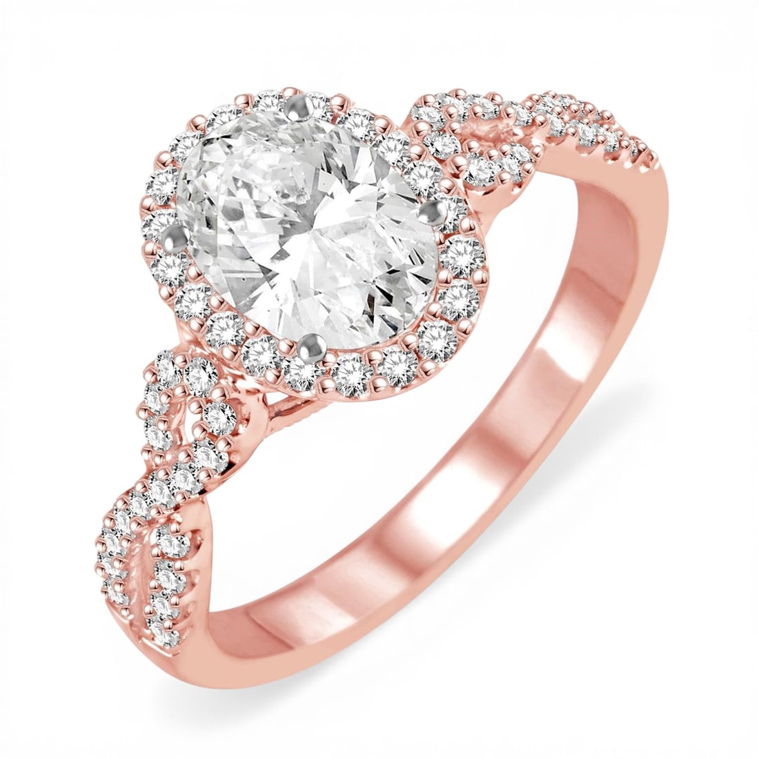 0.57 ctw Oval Diamond 14K Rose & White Gold Engagement Ring: Exuding opulence and grace, this breathtaking Halo ring featuring White Diamond is crafted for the distinguished. A detailed Halo gallery secures the stones, rendered in 2.25 grams of lustrous 14K Ros