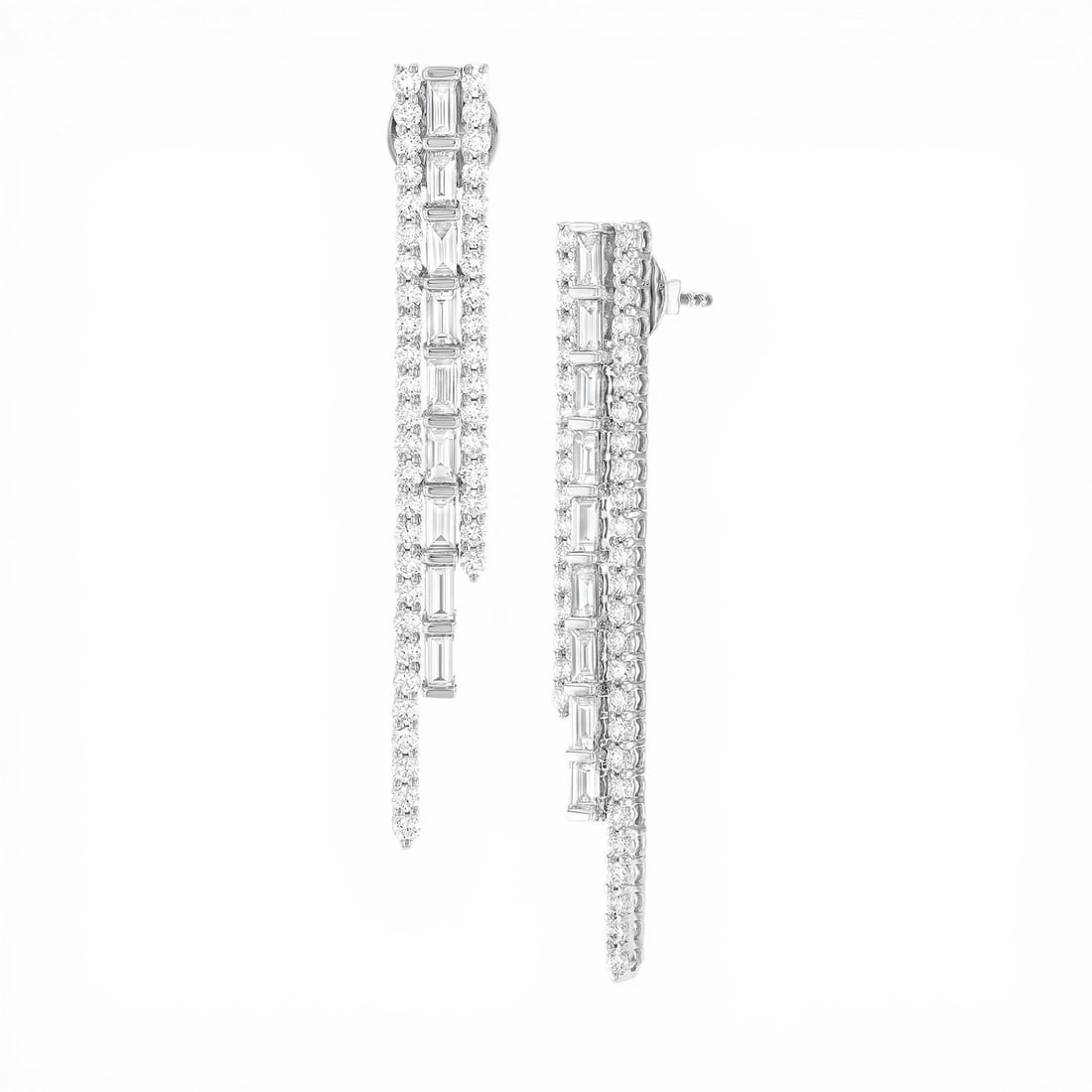 1.97 ctw Baguette & Round Diamond 18K White Gold Drop Earrings: Rare and radiant, this stunning Graduating 3-Row pair of earrings featuring Natural Diamonds offers a touch of the extraordinary. Crafted with precision, the Dangle/Drop setting is seamlessly integrat