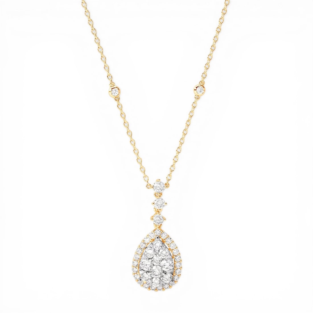 Fiori Pear Drop Cluster 2.35 ctw White Diamond 18K Yellow & White Gold Pendant: Timeless and sophisticated, this exquisite Cluster pendant necklace featuring White Diamond radiates enduring beauty. The gemstones are nestled within a Cluster framework, supported by a substantial 5