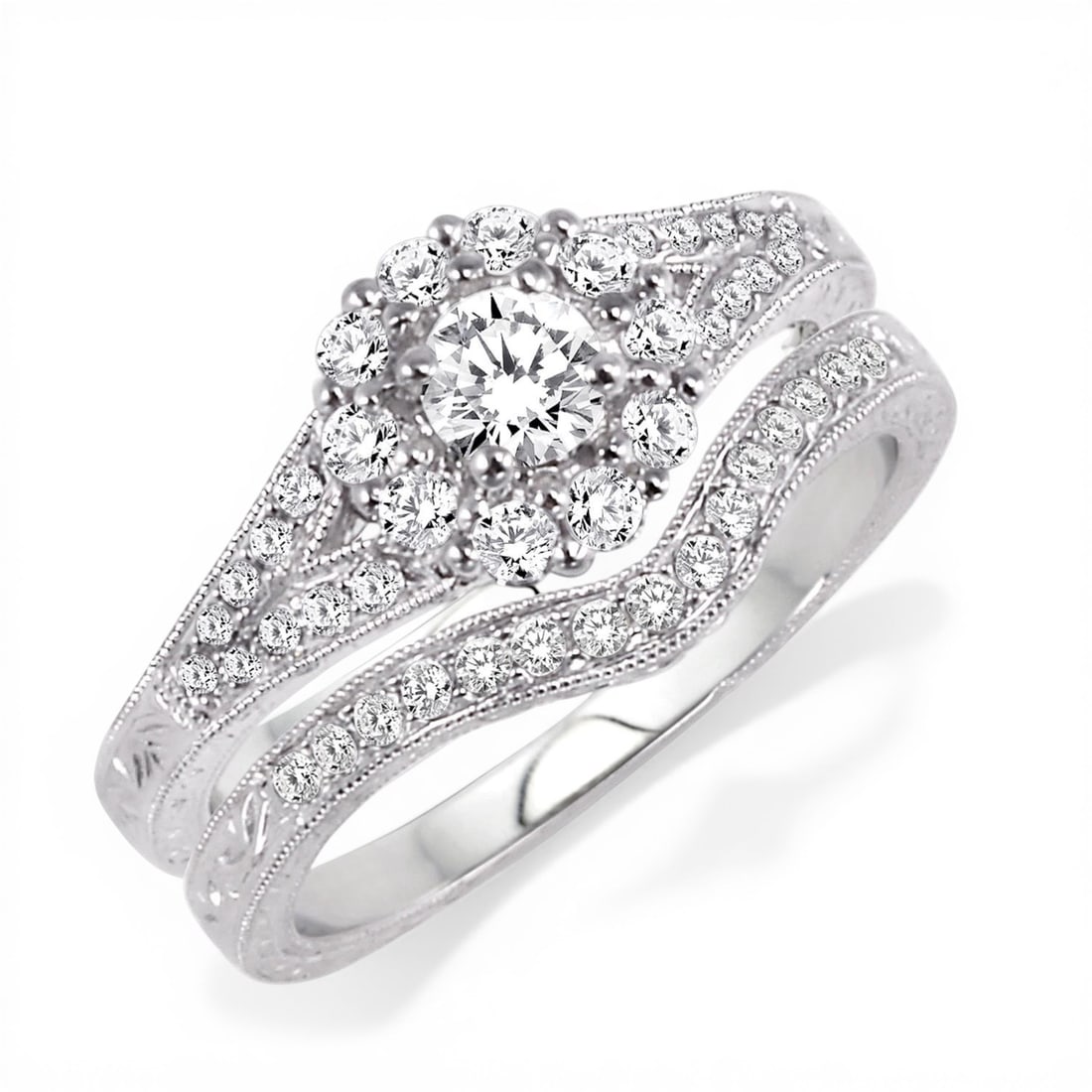 0.74 ctw Diamond Wedding Set Engagement Ring Band 14K White Gold: An exquisite masterpiece of haute joaillerie, this stunning Halo wedding set featuring Natural Diamonds is a true treasure. A detailed Halo gallery secures the stones, rendered in 5.05 grams of lustro