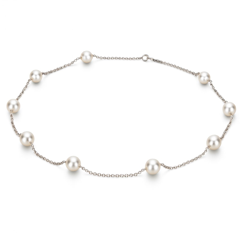 14k White Gold Necklace with Pearls and SI1 G Color Diamonds: Radiating sophistication, this exquisite necklace features lustrous pearls elegantly spaced along a delicate chain. Crafted from 14k White Gold with a Rhodium finish, it embodies a Modern aesthetic. T
